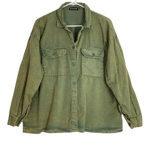 Pretty Little Thing Button Down Shirt Womens Size 10 Denim Acid Wash Army Green